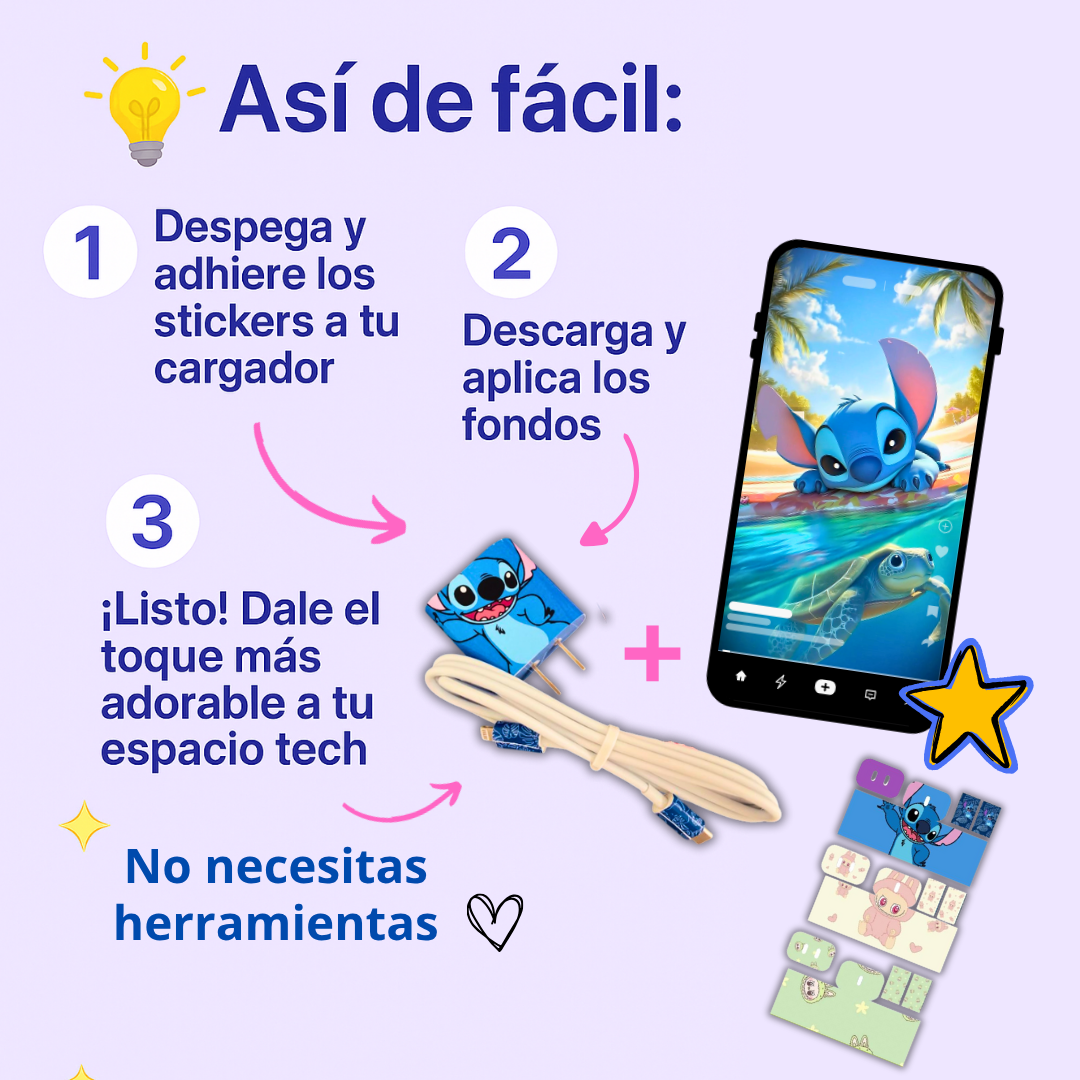 KIT de 3 STICKERS para el CARGADOR y CABLE DE TU CELULAR + REGALO 30 fondos de pantalla. ¡Solo por tiempo limitado! 🚨