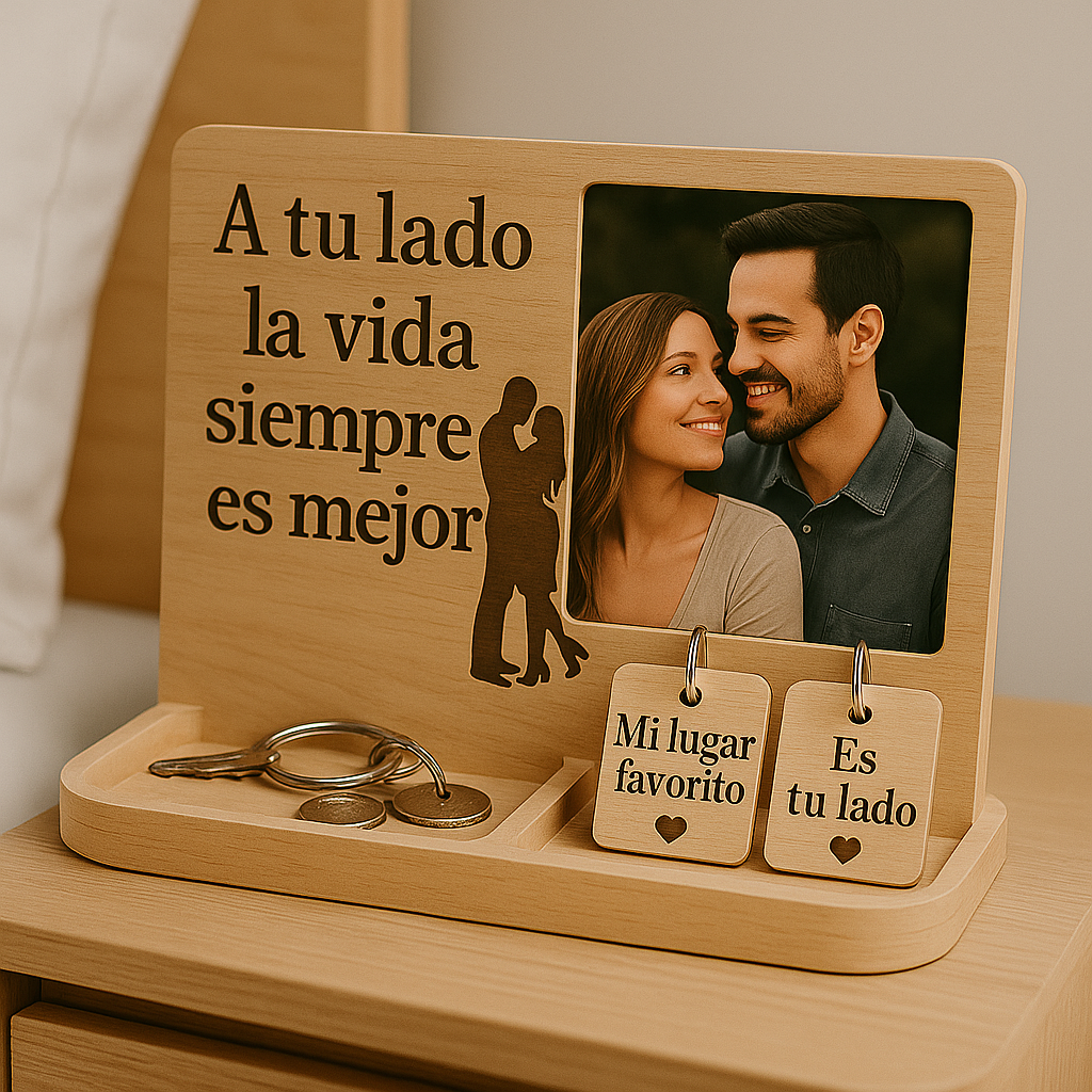 Kit Para Parejas: PORTARETRATO ORGANIZADOR+ 2 LLAVEROS DE PAREJA + 10 CITAS PARA HACER EN CASA