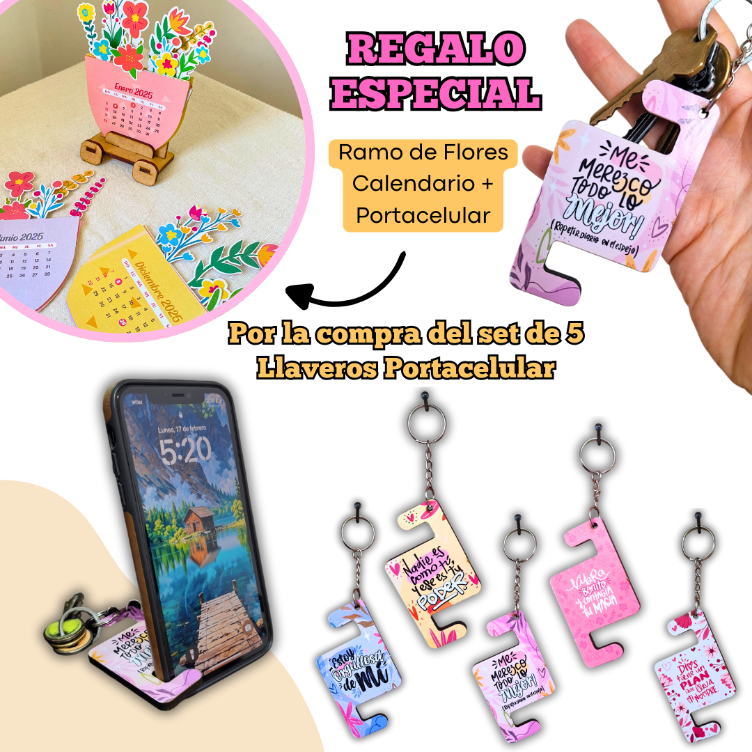 SET de 5 LLAVEROS PORTACELULAR edición MADRES con MENSAJES MOTIVACIONALES + 1 REGALO especial