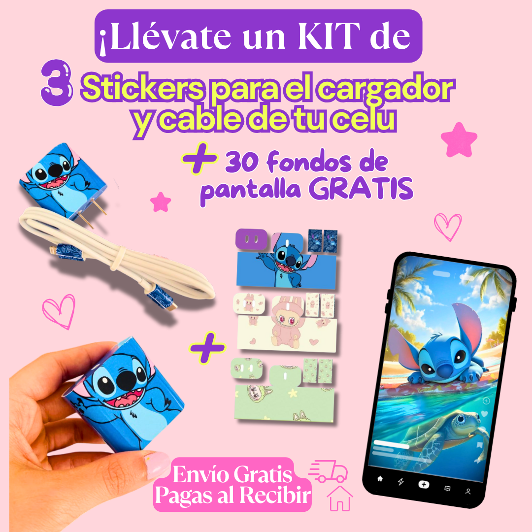 KIT de 3 STICKERS para el CARGADOR y CABLE DE TU CELULAR + REGALO 30 fondos de pantalla. ¡Solo por tiempo limitado! 🚨
